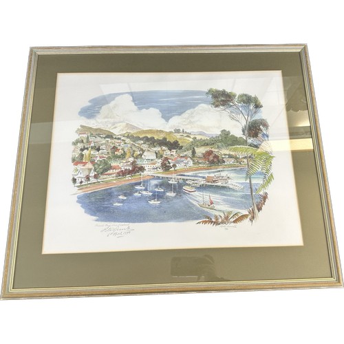 64 - Large framed water colour by Peter Arnold 1986, Russel Bay New Zealand 29 inches wide by 24 inches t... 