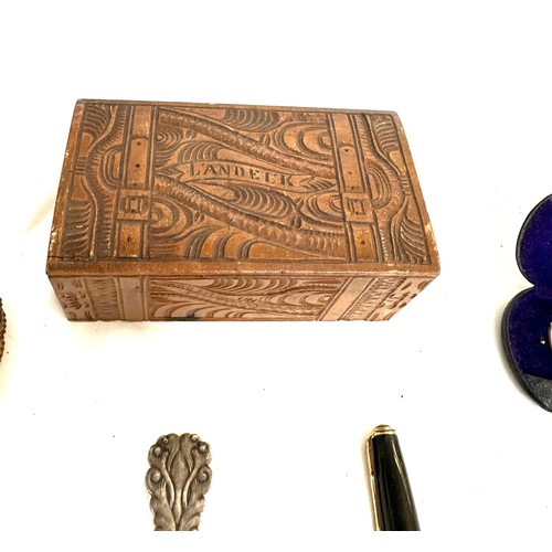 311 - Box of miscellaneous includes pocket watch on stand, fountain pen etc