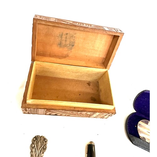 311 - Box of miscellaneous includes pocket watch on stand, fountain pen etc