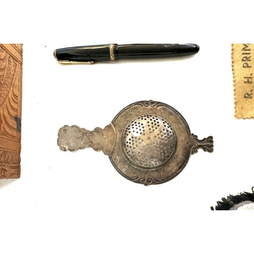 311 - Box of miscellaneous includes pocket watch on stand, fountain pen etc