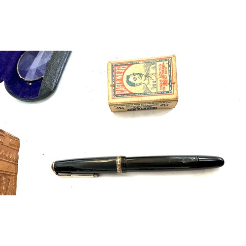 311 - Box of miscellaneous includes pocket watch on stand, fountain pen etc