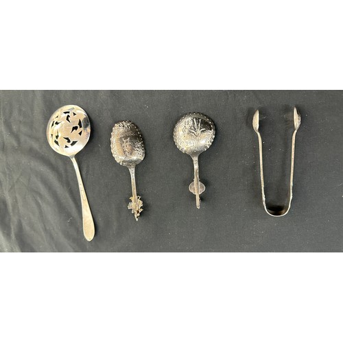 309 - Silver sugar tongs, 2 Novelty spoons etc