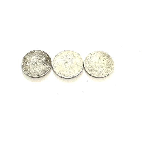 401 - Selection 3 solid silver antique foreign coins to include a franc and Netherland coins, approximate ... 