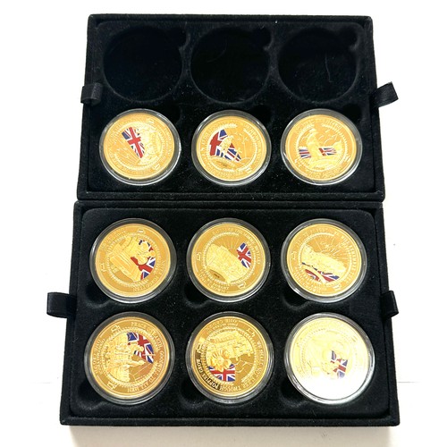 410 - Selection of 9 commemorative gold plated one crown coins