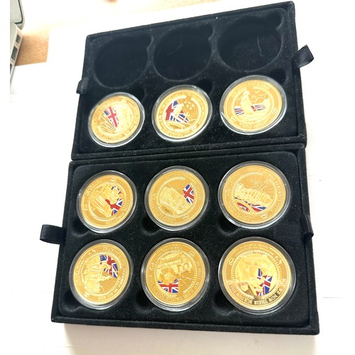 410 - Selection of 9 commemorative gold plated one crown coins