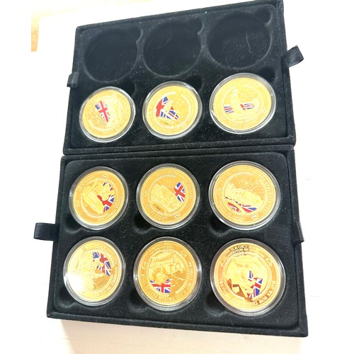 410 - Selection of 9 commemorative gold plated one crown coins