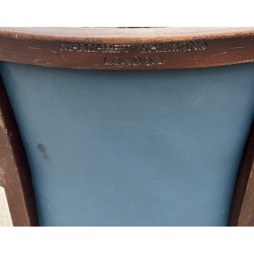 589 - Set 6 vintage blue leather open armchairs, each with names of sponsors engraved to the back