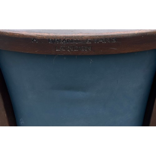 589 - Set 6 vintage blue leather open armchairs, each with names of sponsors engraved to the back