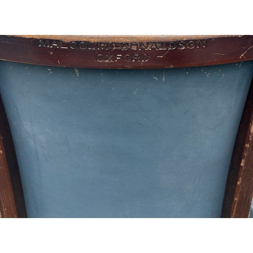 589 - Set 6 vintage blue leather open armchairs, each with names of sponsors engraved to the back