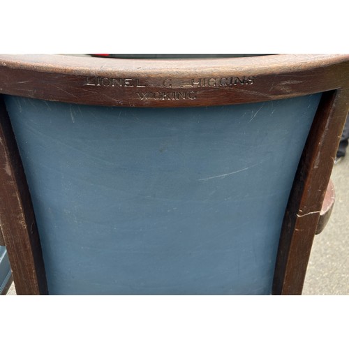 589 - Set 6 vintage blue leather open armchairs, each with names of sponsors engraved to the back