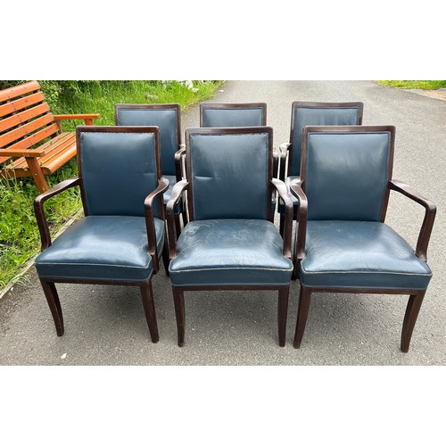 589 - Set 6 vintage blue leather open armchairs, each with names of sponsors engraved to the back