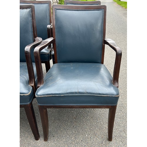 589 - Set 6 vintage blue leather open armchairs, each with names of sponsors engraved to the back