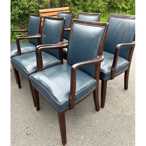 589 - Set 6 vintage blue leather open armchairs, each with names of sponsors engraved to the back