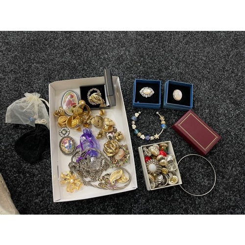 304 - Selection of assorted costume jewellery includes Charms, brooches, clip in earrings etc