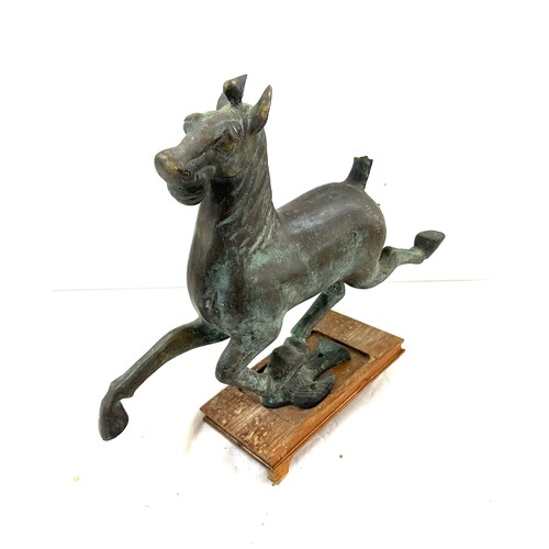 58 - Vintage horse bronze, on wooden base, damaged 13 inches tall