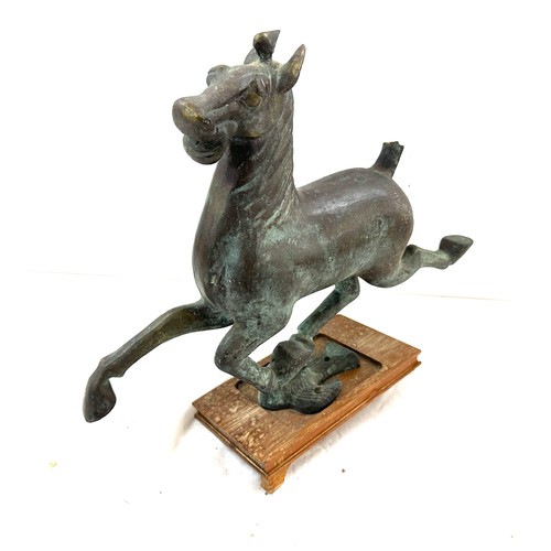58 - Vintage horse bronze, on wooden base, damaged 13 inches tall