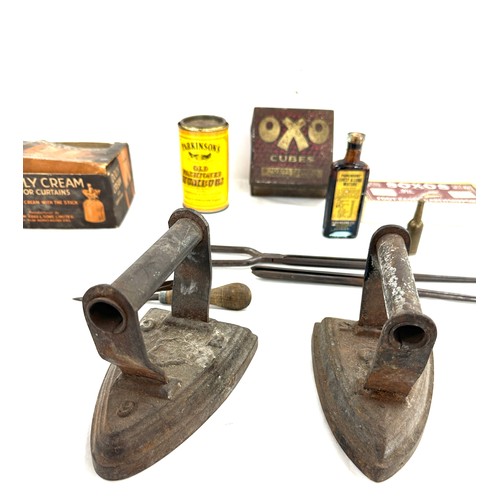 3 - Selection of collectable items includes dolly cream, cast iron flat irons, advertising tins etc