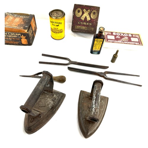3 - Selection of collectable items includes dolly cream, cast iron flat irons, advertising tins etc