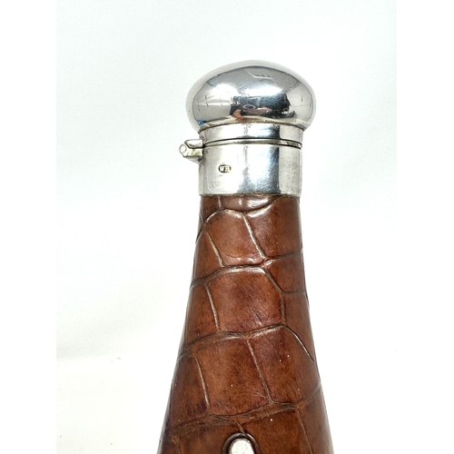 90 - Antique silver plated and crocodile skin hunting bottle flask engraved december 1909 with crest meas... 