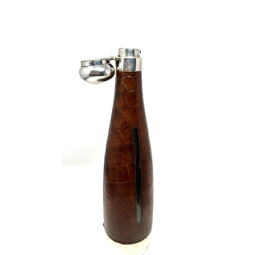 90 - Antique silver plated and crocodile skin hunting bottle flask engraved december 1909 with crest meas... 