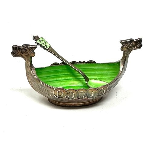 91 - Anton Hansen Enameled Sterling Silver Viking Ship Salt Cellar with Spoon An enameled salt cellar wit... 