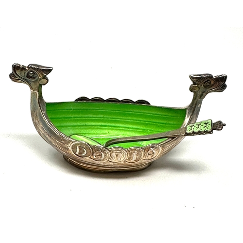 91 - Anton Hansen Enameled Sterling Silver Viking Ship Salt Cellar with Spoon An enameled salt cellar wit... 