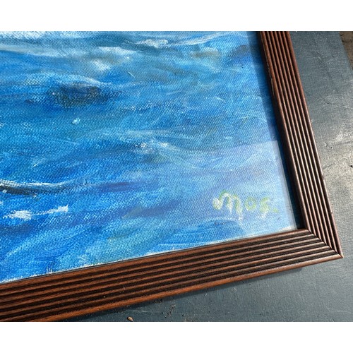 67 - Signed framed painting depicting sailboat at sea signed mos 21 inches wide by 17.5 inches tall