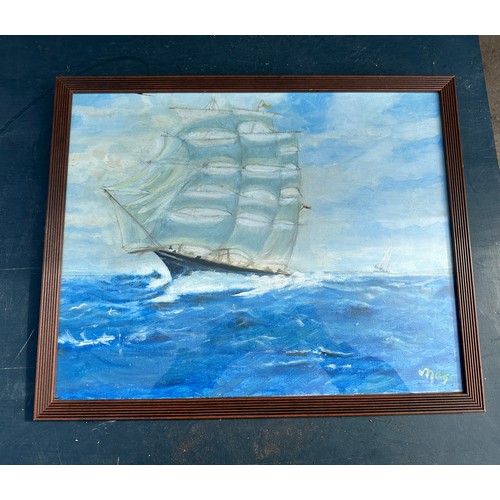 67 - Signed framed painting depicting sailboat at sea signed mos 21 inches wide by 17.5 inches tall