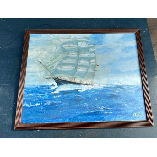 67 - Signed framed painting depicting sailboat at sea signed mos 21 inches wide by 17.5 inches tall