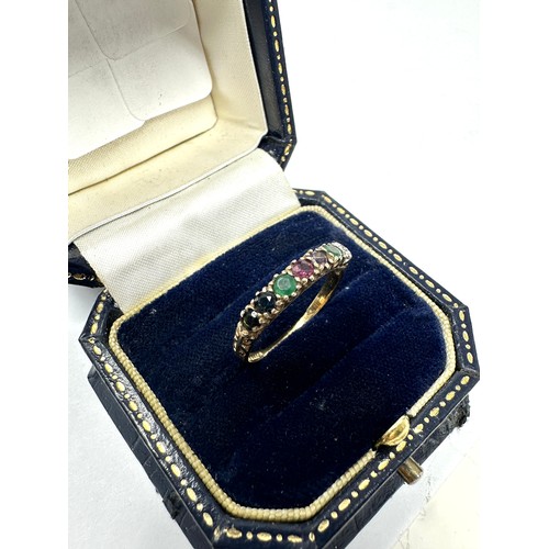 360 - 9ct gold vintage diamond, emerald, amethyst, ruby, sapphire & tourmaline ring (1.6g)