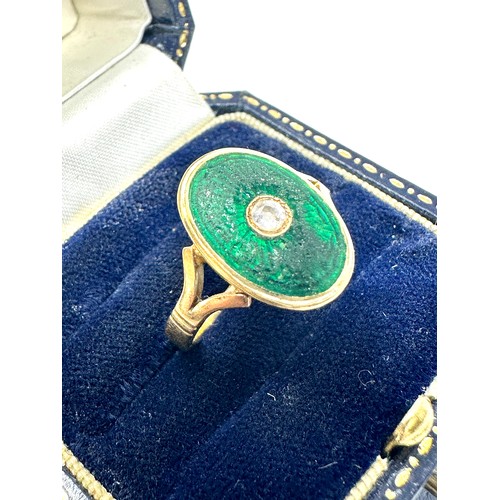 253 - 9ct gold antique old cut diamond & green enamel statement ring (3.7g)