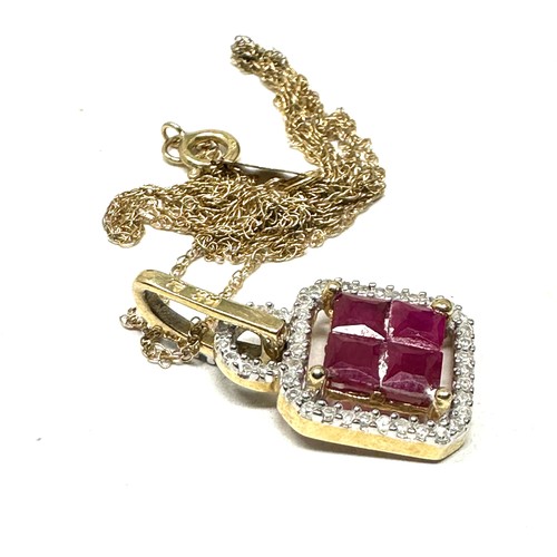 236 - 14ct gold ruby & diamond stylised cluster pendant necklace (2.1g)