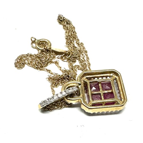 236 - 14ct gold ruby & diamond stylised cluster pendant necklace (2.1g)