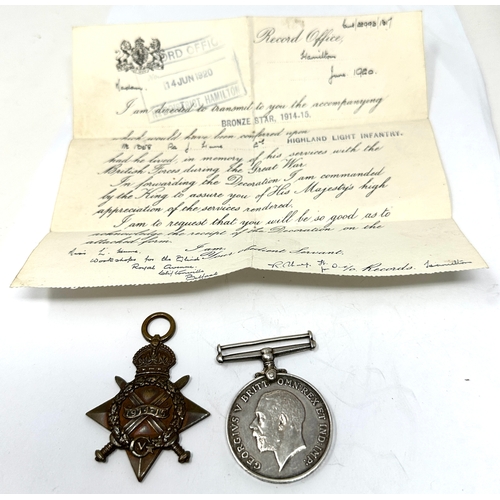 62 - ww1 casualty medal pair to 1258 pte j.hume H.L.I 1358 on star & letter