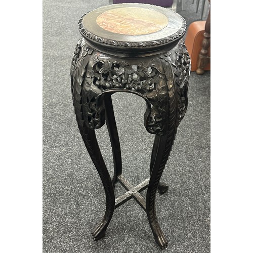 594 - 19th century Chinese wood torchiere stand with veined marble top carved grape and leaf decor on four... 