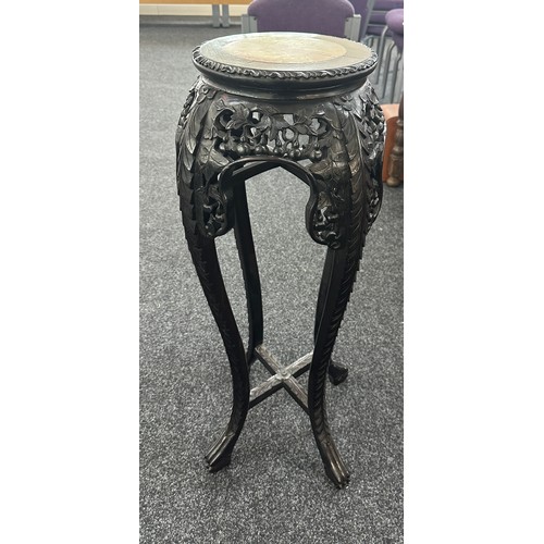 594 - 19th century Chinese wood torchiere stand with veined marble top carved grape and leaf decor on four... 