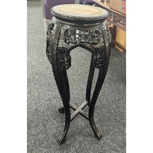 594 - 19th century Chinese wood torchiere stand with veined marble top carved grape and leaf decor on four... 