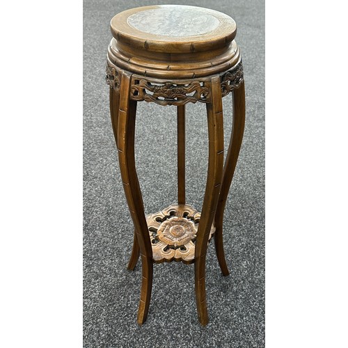 595 - Carved Chinese 2 tier jardiniere stand, stone inset top floral under tier, approximate height 84cm