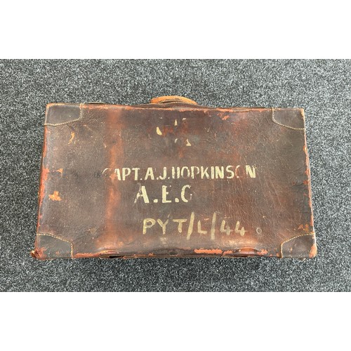 96 - Large antique leather suitcase, named to Captain A J Hopkinson, approximate measurements: