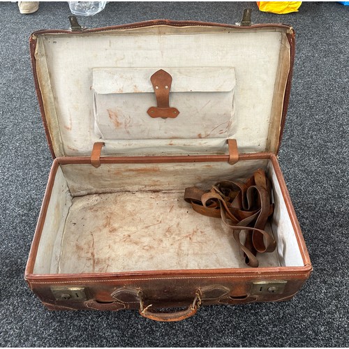 96 - Large antique leather suitcase, named to Captain A J Hopkinson, approximate measurements: