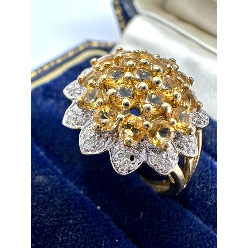 147 - 9ct gold diamond & yellow sapphire ring 3.3g missing 1 stone as shown