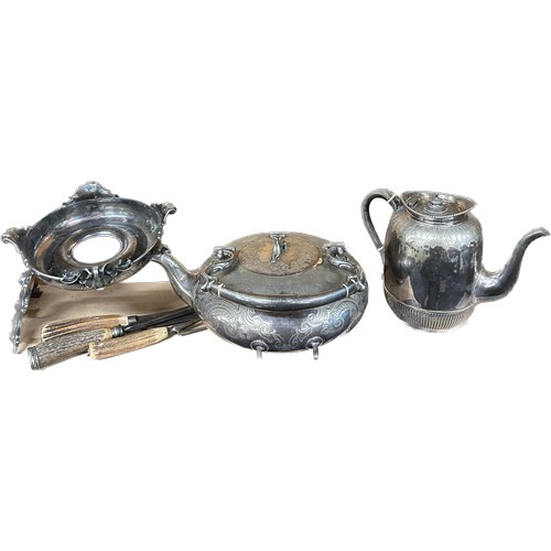 78 - Selection of vintage silver plated items includes kettle on stand, part tea service etc