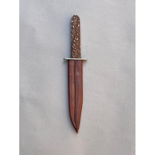 76 - Antique Bowie Knife with plain steel blade antlers grips & leather scabbard length 24cm