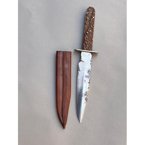 76 - Antique Bowie Knife with plain steel blade antlers grips & leather scabbard length 24cm