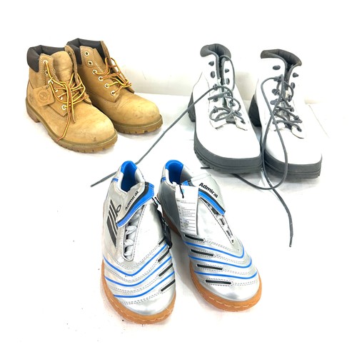 239 - Selection of assorted boots includes Timberland, Nike size 8.5 and football boots size 4