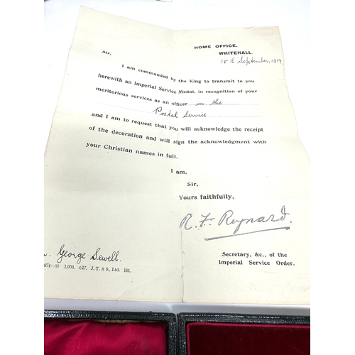 28 - Boxed GV imperial service medal & award letter awarded in 1917 to george sewell