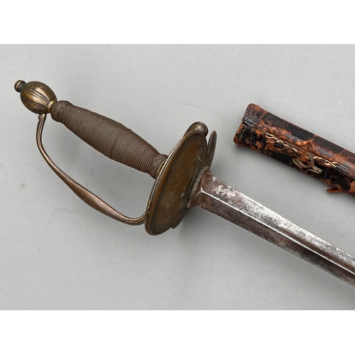 4 - 18th century small sword with brass hilt & wire bound grip .trefoil blade in leather scabbard blade ... 