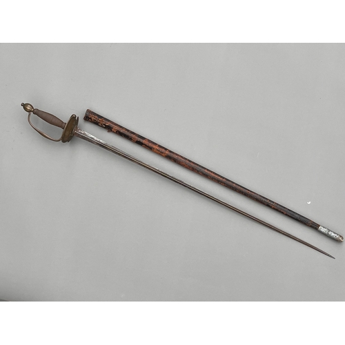 4 - 18th century small sword with brass hilt & wire bound grip .trefoil blade in leather scabbard blade ... 