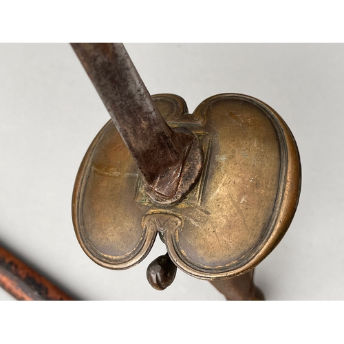 4 - 18th century small sword with brass hilt & wire bound grip .trefoil blade in leather scabbard blade ... 