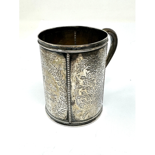 111 - Victorian silver mug London silver hallmarks height 8cm by dia 6cm engraved detail